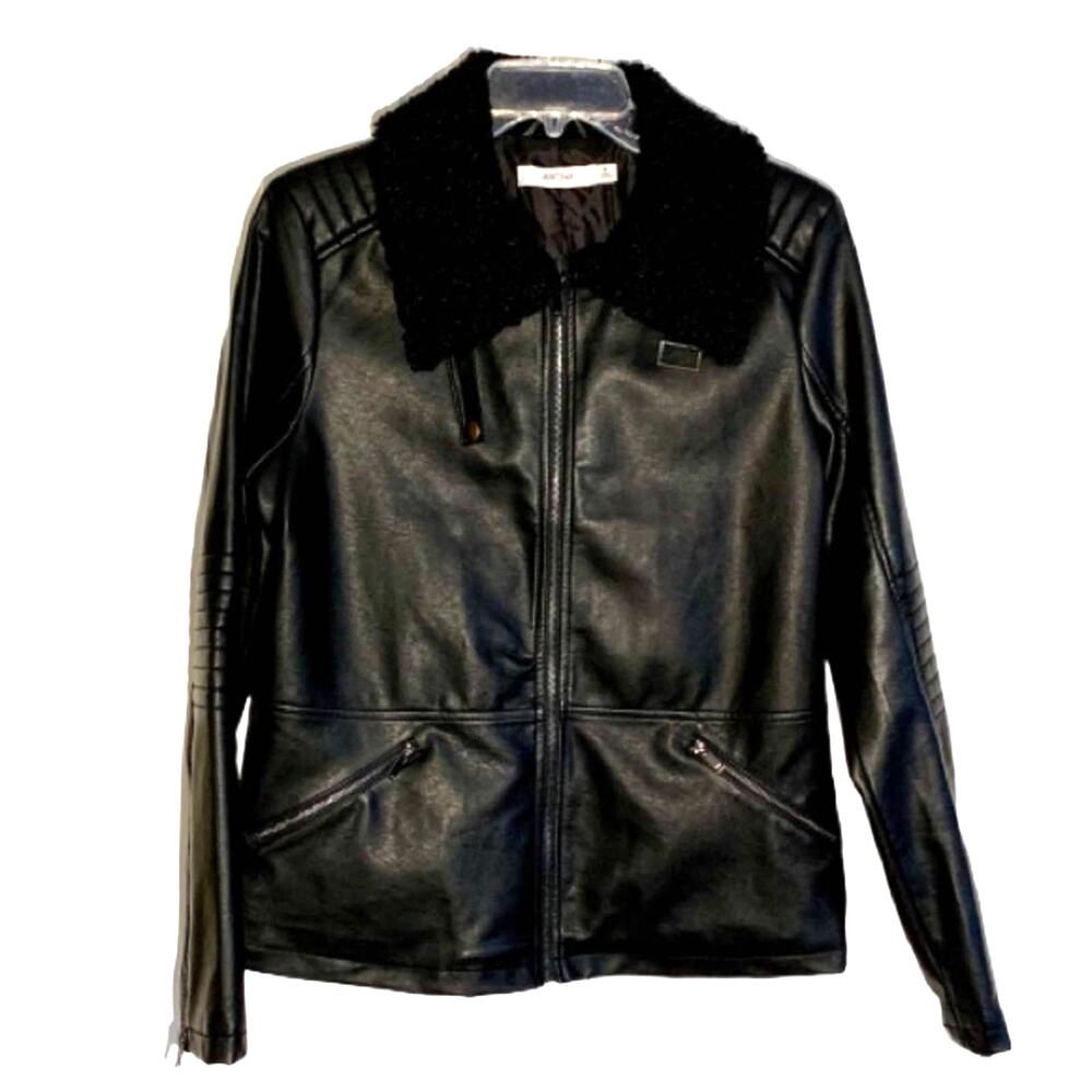 JustFab Moto Jacket Black Faux Leather Zipper Accents Bomber Jacket Size Medium
